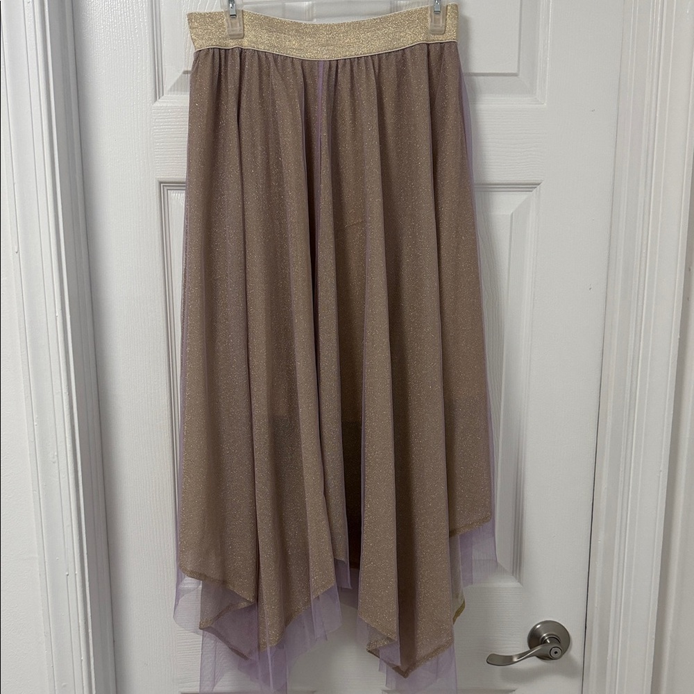 WHY DRESS Asymmetrical Maxi Skirt in Gold w/Purple Tulle Overlay - size Large